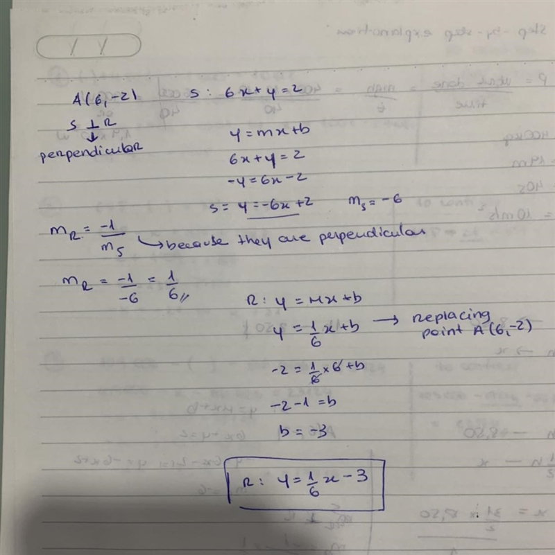 What is an equation of the line that passes through the point (6,-2) and is perpendicular-example-1