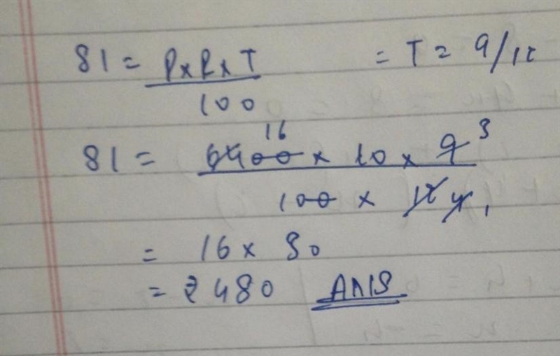 Calculate the simple interest on $ 6400 at 10% p.a. for 9 months.​-example-1