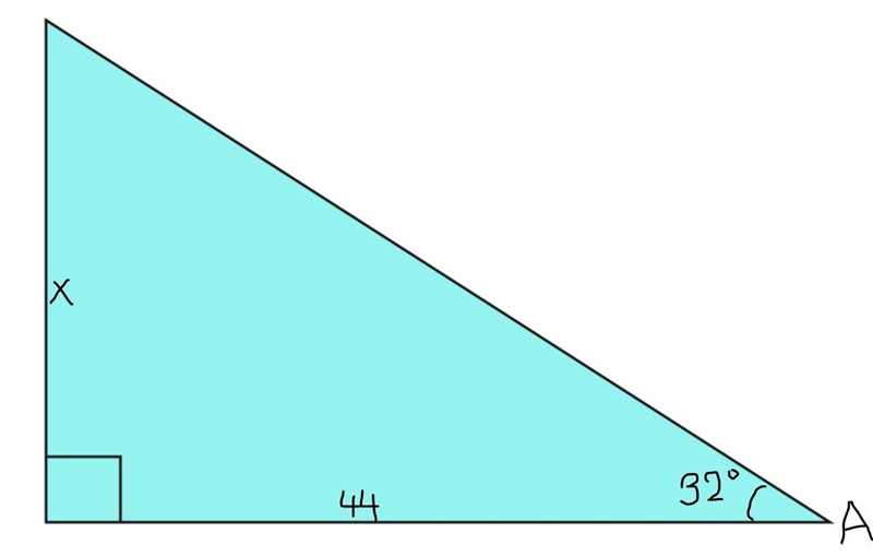 In a right triangle ∠A = 32° with an adjacent side of 44 what is the length of the-example-1