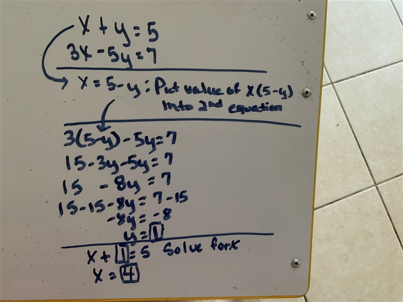 Solve x+y=5 and 3x-5y=7​-example-1