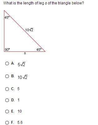 What is the length of leg s of the triangle below? 45 32 907 4 O A. 16 B. 32 OC. VA-example-1