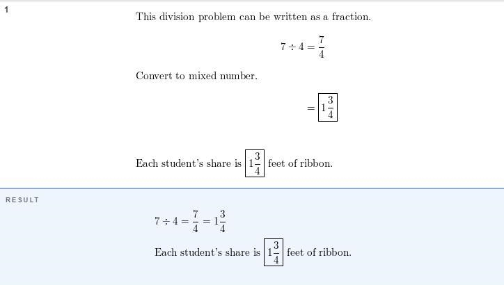 Complete the number sentence to solve. Three students share 4 feet of ribbon equally-example-1