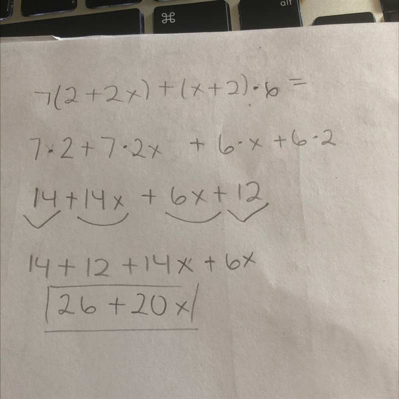 What is 7(2+2x)+(x+2)⋅6=-example-1