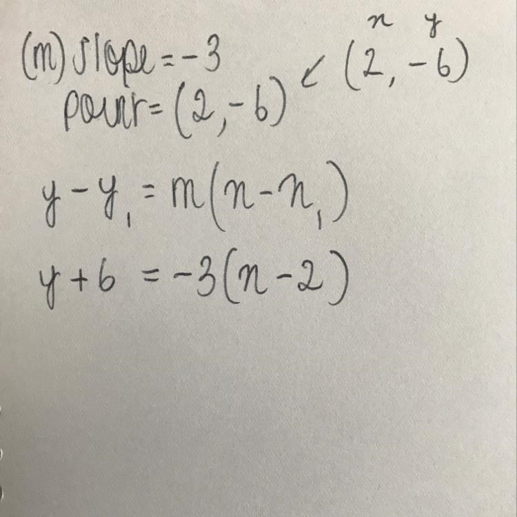 The slope of the line below is -3. Which of the following is the point-slope form-example-1