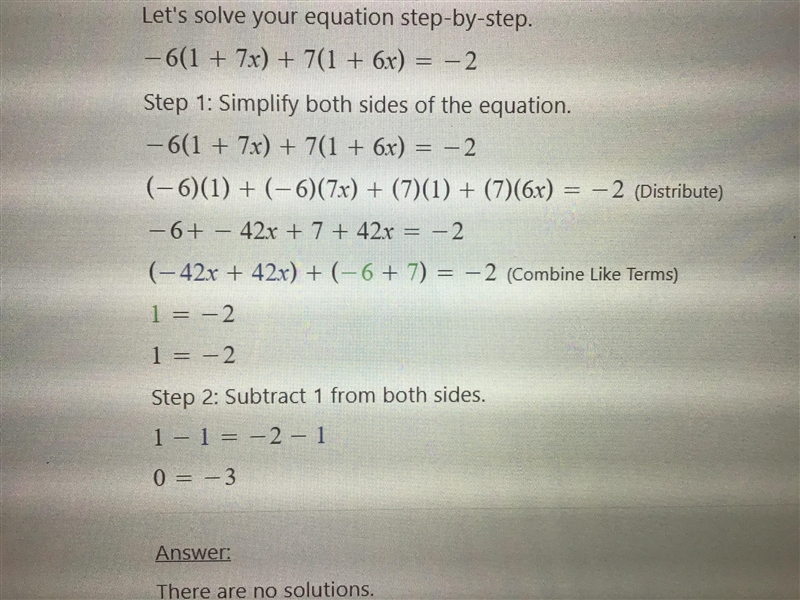 60 points (3 different questions) INEQUALITIES AND EQUALITY SOLVING -6(1+7x)+7(1+6x-example-1