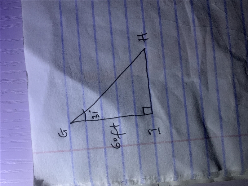 In ΔGHI, the measure of ∠I=90°, the measure of ∠G=31°, and IG = 60 feet. Find the-example-1