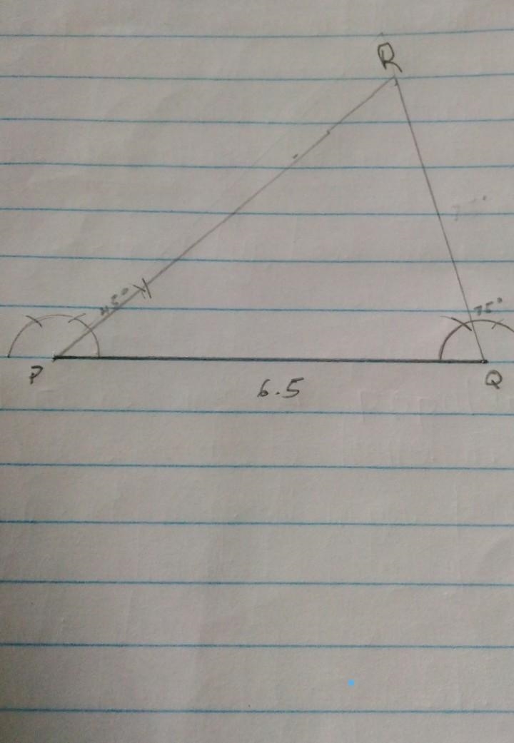 Draw a A PQR if PQ = 6.5cm, m< PQR=75 °and m <PRQ=45° using ruler and compasses-example-1