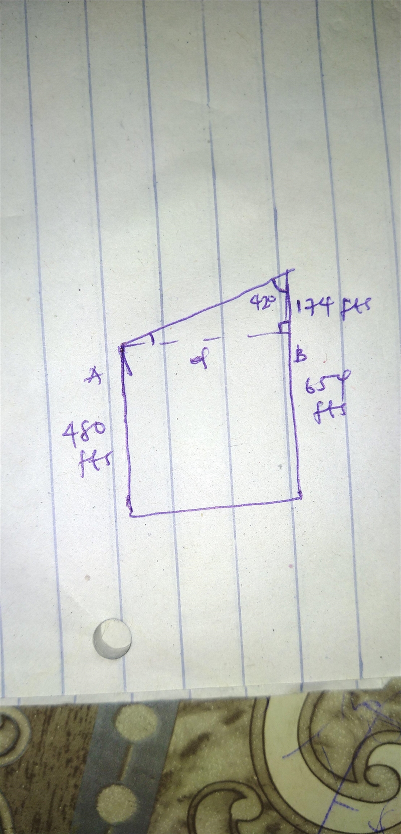 Building A is 480 feet tall and building B is 654 feet tall. If the angle of depression-example-1