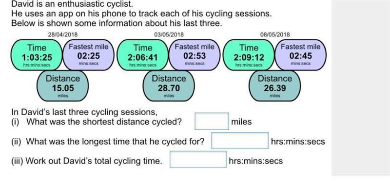 David is an enthusiastic cyclist. He uses an app on his phone to track each of his-example-1