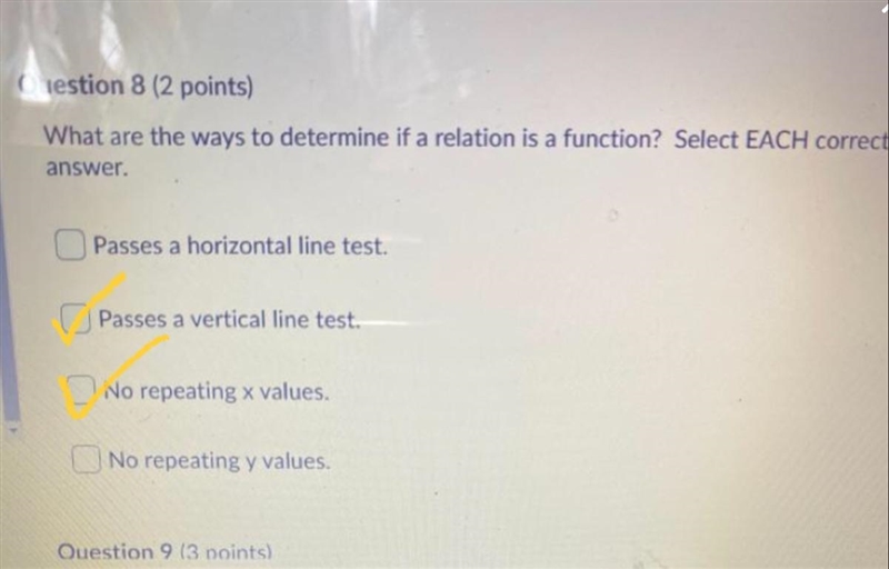 What are the ways to determine if a relation is a function? Select EACH correct answer-example-1