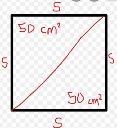 A square is cut diagonally into two equal parts. If each part has an area of 50cm-example-1