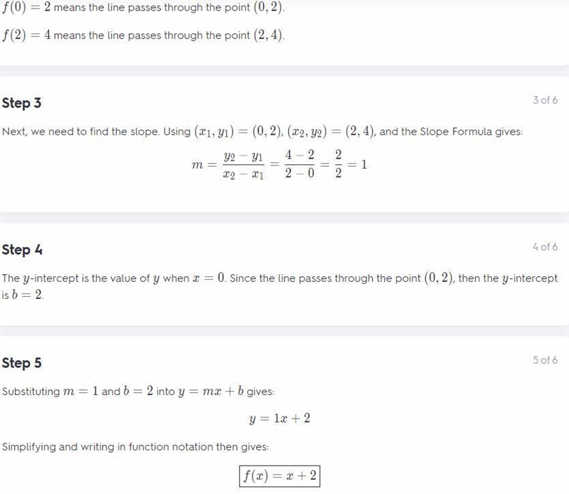 Write a linear function f with f(0) = 2 and f(2)=4. f(x)-example-1