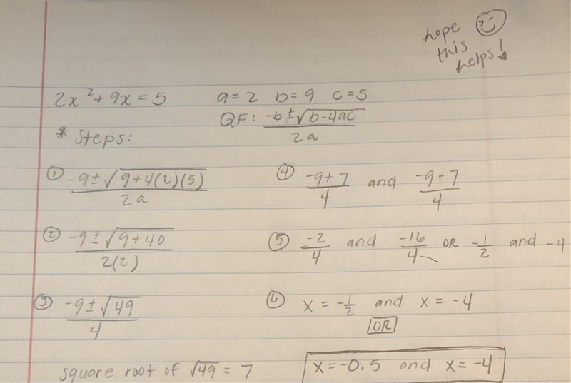 Solve using the quadratic formula 2x^2+9x=5-example-1