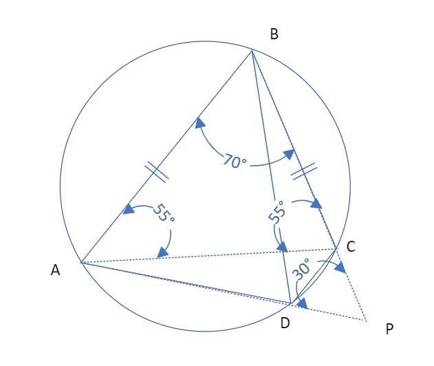 15. ABCD is a cyclic quadrilateral in which AB = BC and ABC = 70°. AD produced meets-example-1