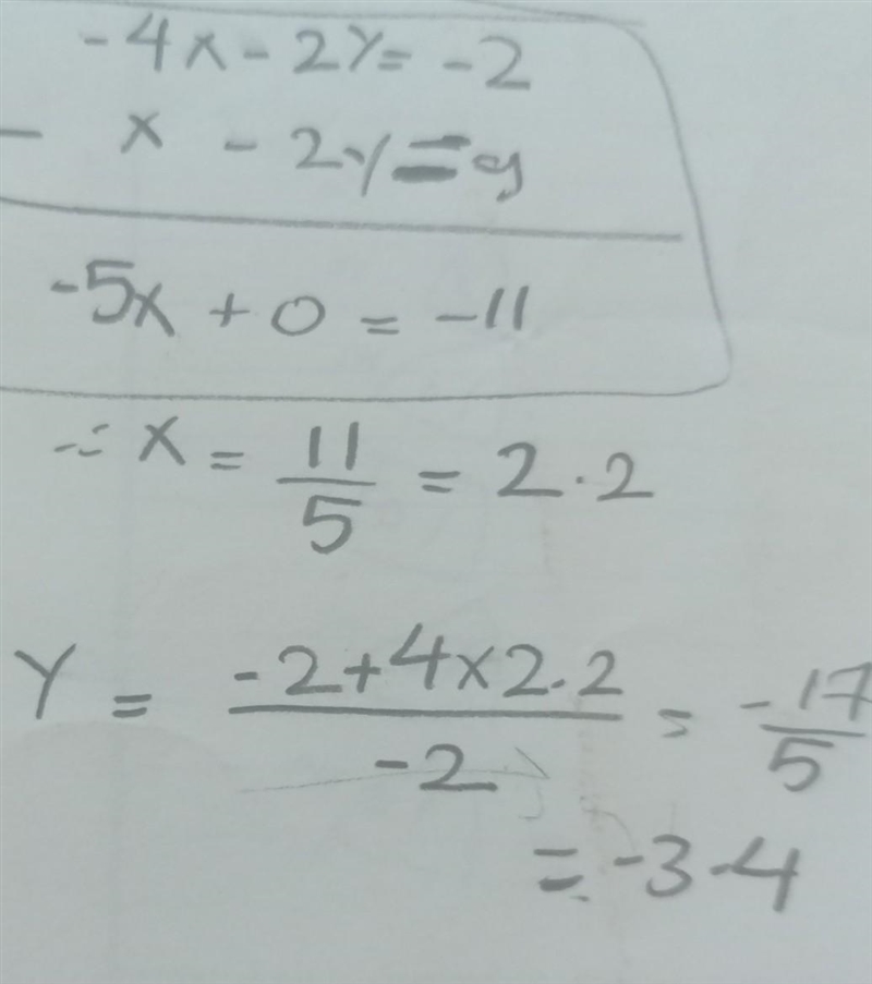 What is the result of subtracting the second equation from the first? -4x-2y=-2 x-example-1