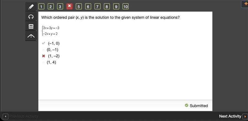 Which ordered pair (x,y) is the solution to the given system of linear equation?-example-1