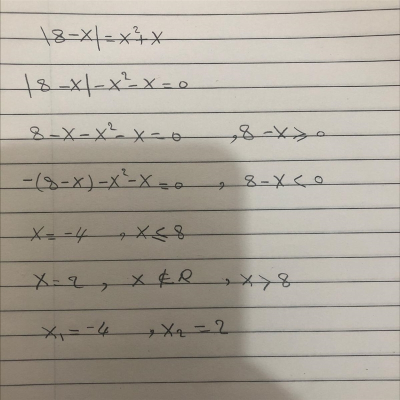 Find x you know |8-x|=x^2+x-example-1