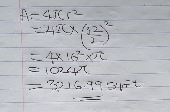 A sphere has a diameter of 32 ft. What is its surface area? The surface area of the-example-1