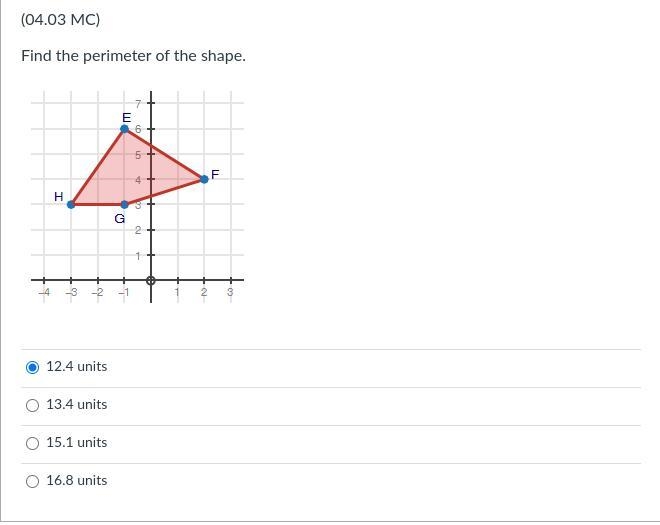 Find the perimeter of the shape below: A four sided figure EFGH is shown. E is located-example-1