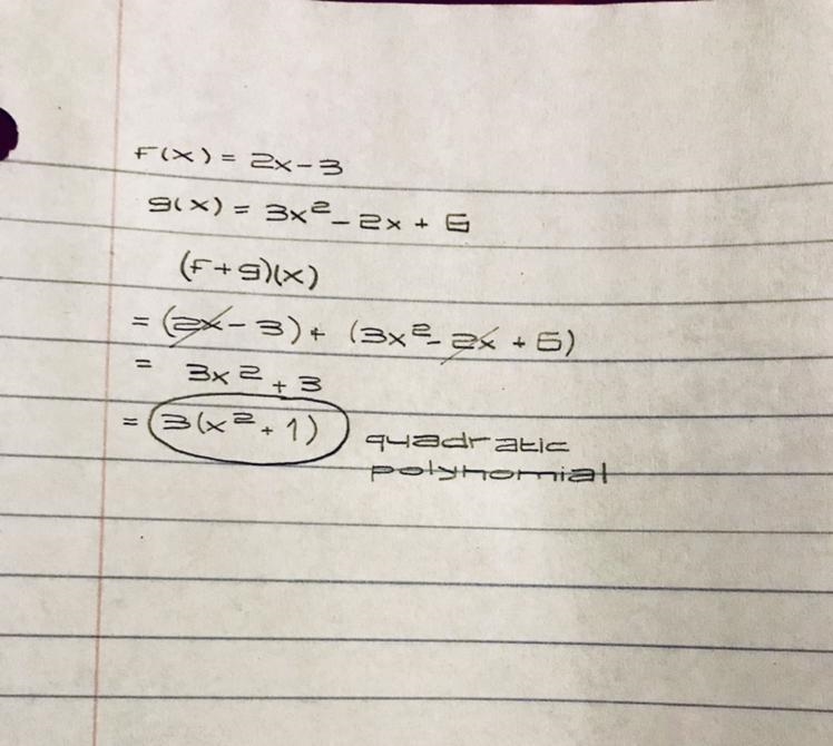 Solve the expression then name the polynomial If f(x) = 2x – 3 and g(x) = 3x2 – 2x-example-1