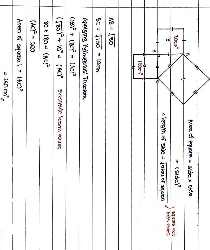 If the area of square 3 is 80 cm² and thee area of square 2 is 100 cm², what is the-example-1