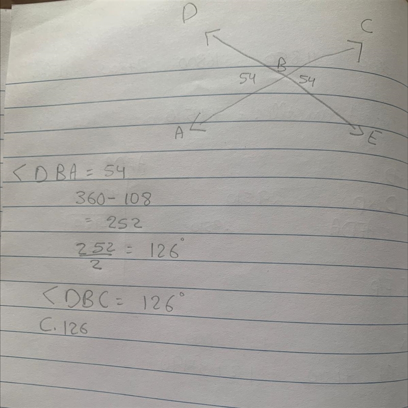 6. give the figure at the right,what is the measure of dbc A. 54° b. 36° C. 126° D-example-1