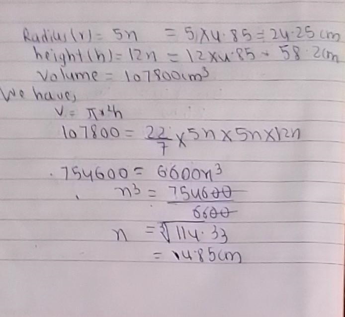 the radius and height of a right circular cone are in the ratio of 5:12 and its volume-example-1