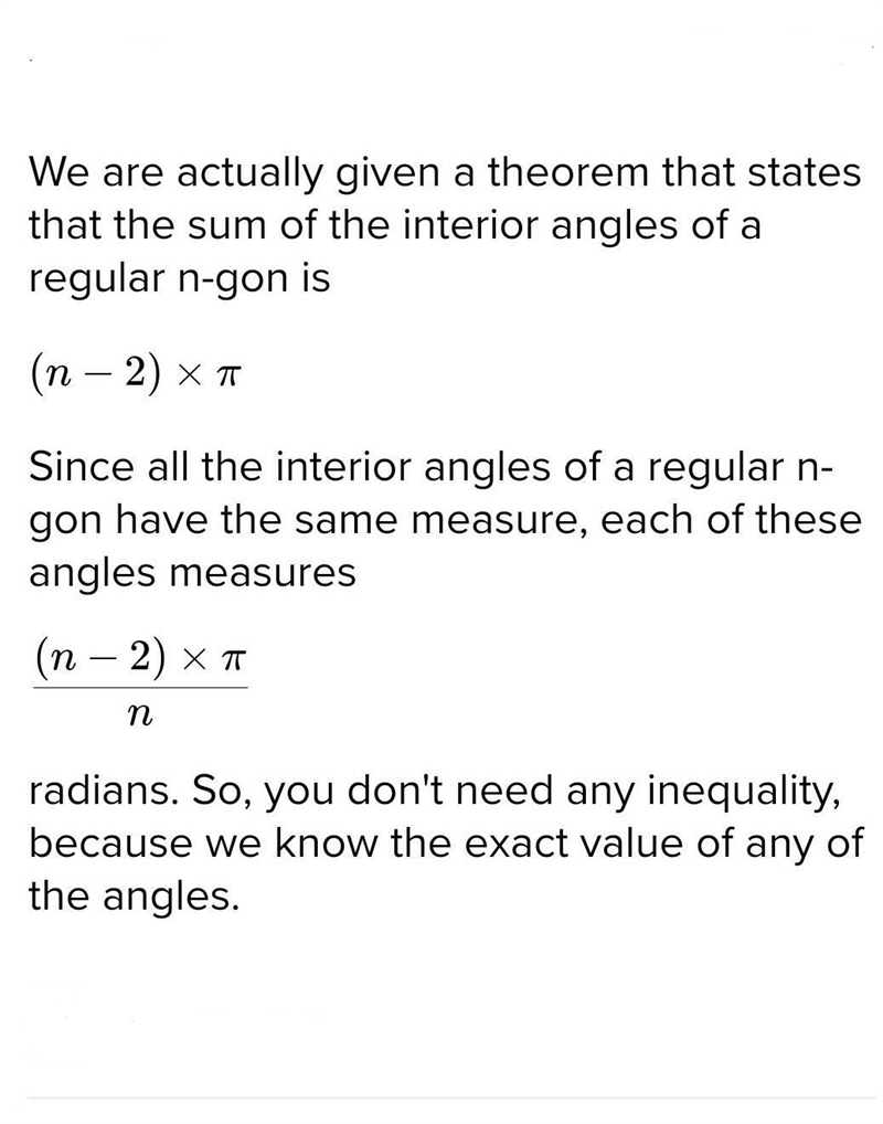 The value (in degrees) of each of the interior angles of a regular n-gon is represented-example-1