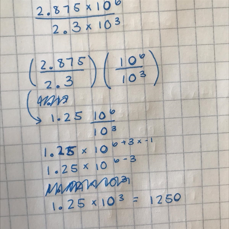 7th grade math! Divide 2.875*10^6 by 2.3*10^3 Possible answers in photo linked.-example-1