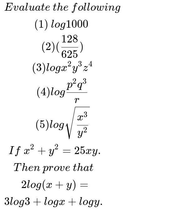 Evaluate \: the \: following \\ (1) \: log1000 \: \\ (2) ( (128)/(625) ) \\ (3) log-example-1