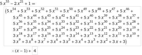 What is the remainder when 5x^55 −2x ^21 +1 is divided by x−1-example-1