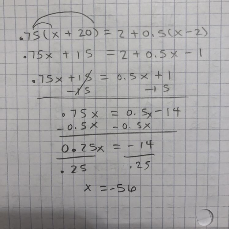 Which value of x makes the equation 0.75(x + 20) = 2 + 0.5(x − 2) true?​-example-1