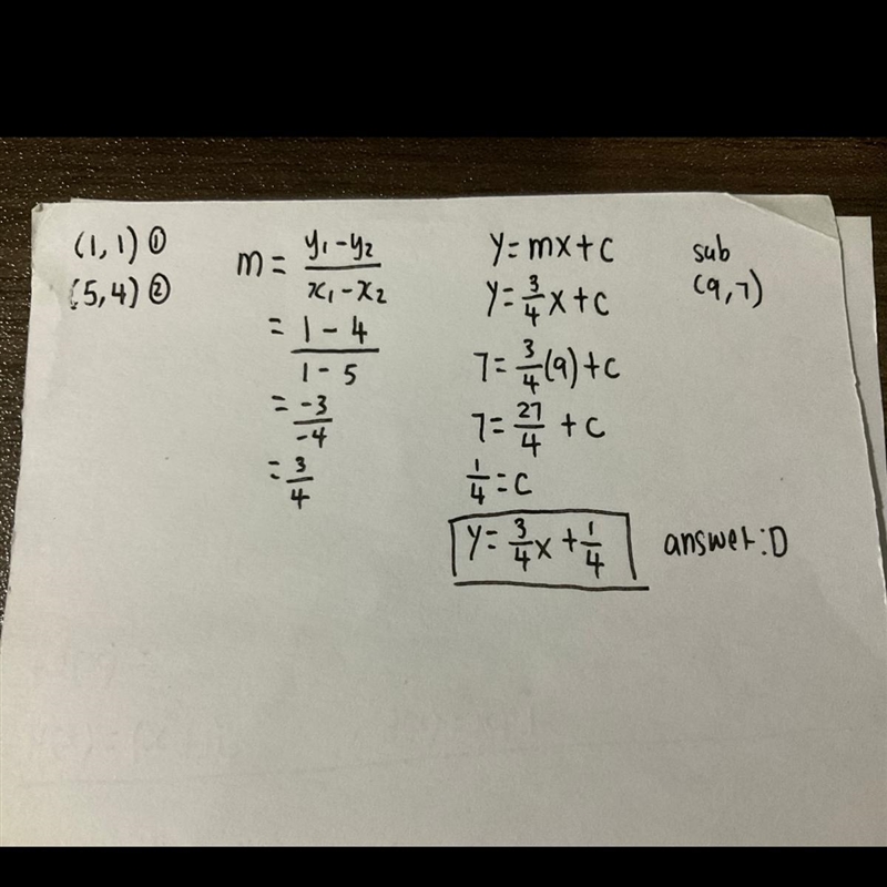 What is the equation of the line through the points (1, 1), (5, 4), (9, 7) and (13, 10)? A-example-1