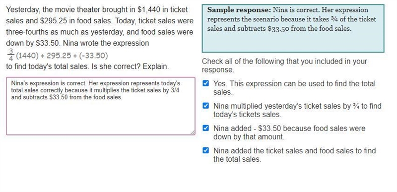 Yesterday, the movie theater brought in $1,440 in ticket sales and $295.25 in food-example-1