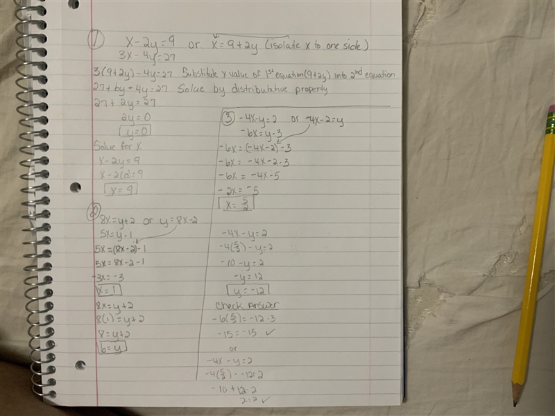 Solve each system by substitution. Show work please. x-2y=9, 3x-4y=27 8x=y+2, 5x=y-example-1