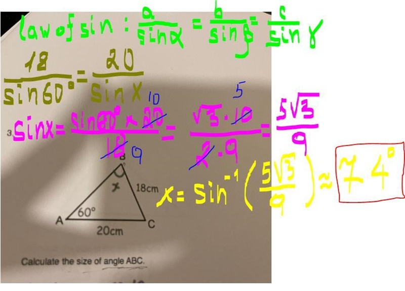 3. B ge 18cm A 60° 20cm с Calculate the size of angle ABC.-example-1