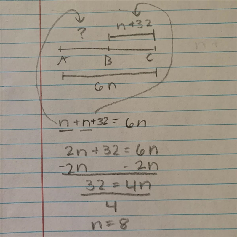 The midpoint of AC is B. If AC=6n and BC= n + 32 what is AB?-example-1