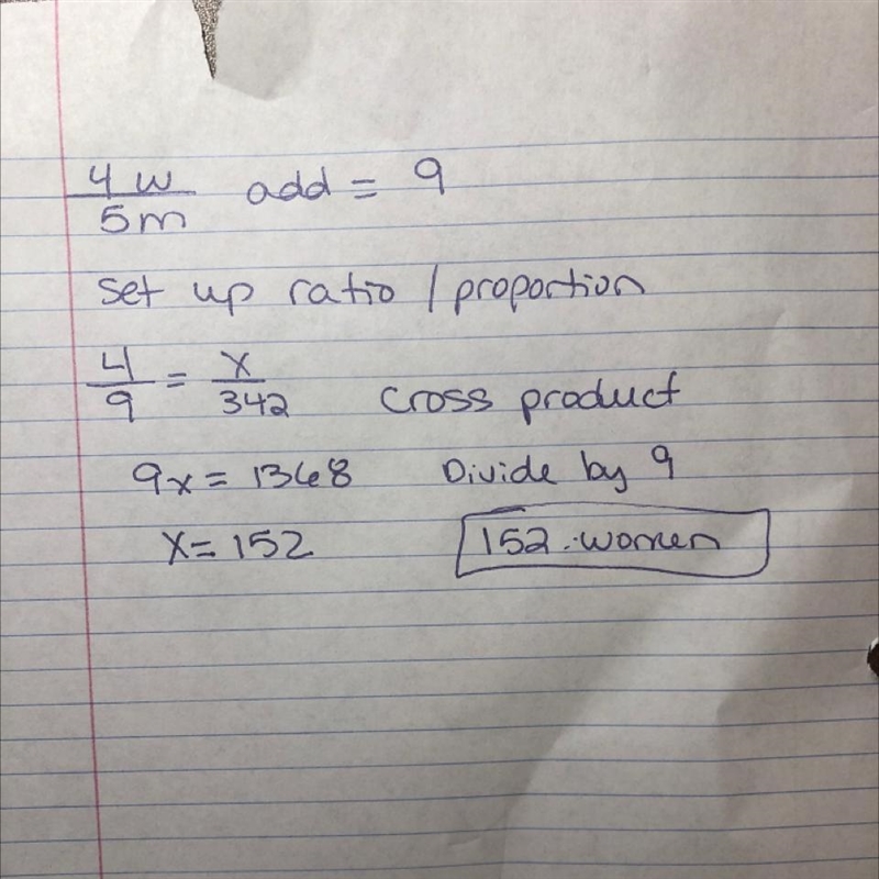 There are 342 employees at a work site. The ratio of women to men is 4 to 5. How many-example-1