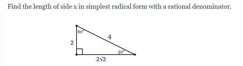 Find the length of side x in simplest radical form with a rational denominator.-example-1