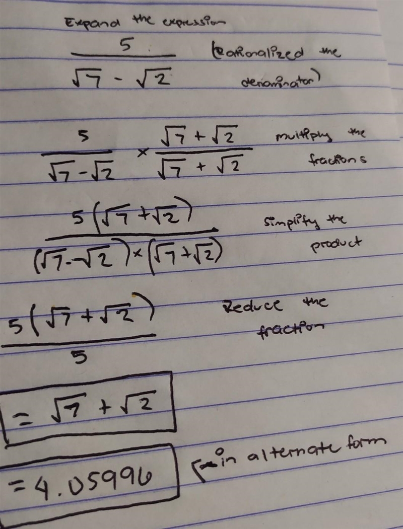 Rationalisie the denominator of: 5/√7-√2​-example-1