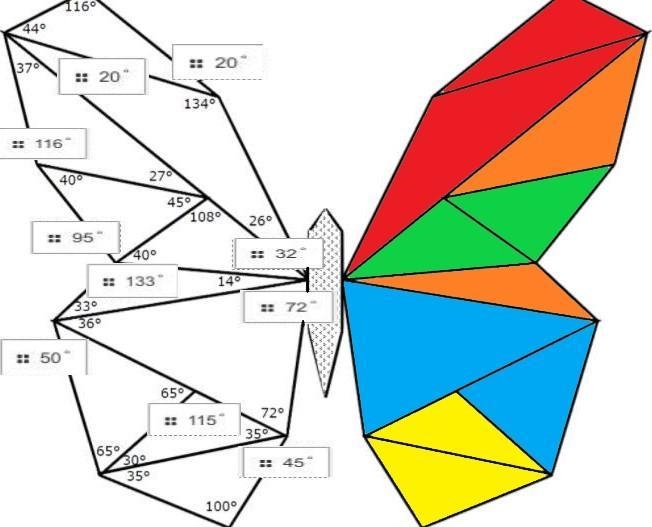 Calculate the missing angle measure of each triangle on the left butterfly wing. Write-example-1