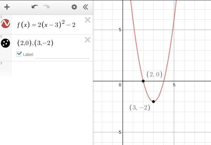 find equation of parabola for these four problems and show work. 1. vertex (3,-2) passes-example-1