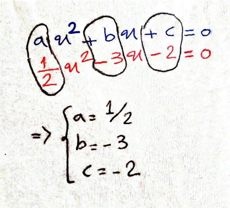 What are the values of a, b, and c in the quadratic equation 0 = 1 / 3x² – 3x – 2? O-example-1