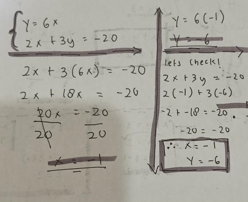 #1. Use substitution to solve the system of equations y = 6x 2x + 3y = -20 Solution-example-1