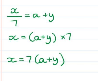 Solve for x. x/7 - y = a Please help as soon as possible. Thanks! =D-example-1