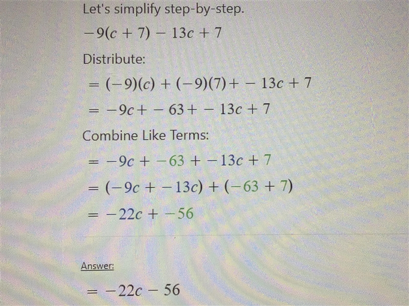 -9(c+7)+-13c+7 what is the value of c that makes this true-example-1