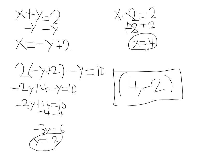 Which ordered pair is the solution to this system of equations? 2x - y = 10 x+y=2 A-example-1