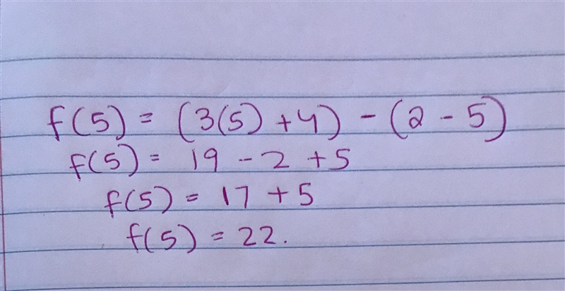 Given the function: f (x) = (3 x + 4) minus (2 minus x) Evaluate for f (5). a. 22 b-example-1