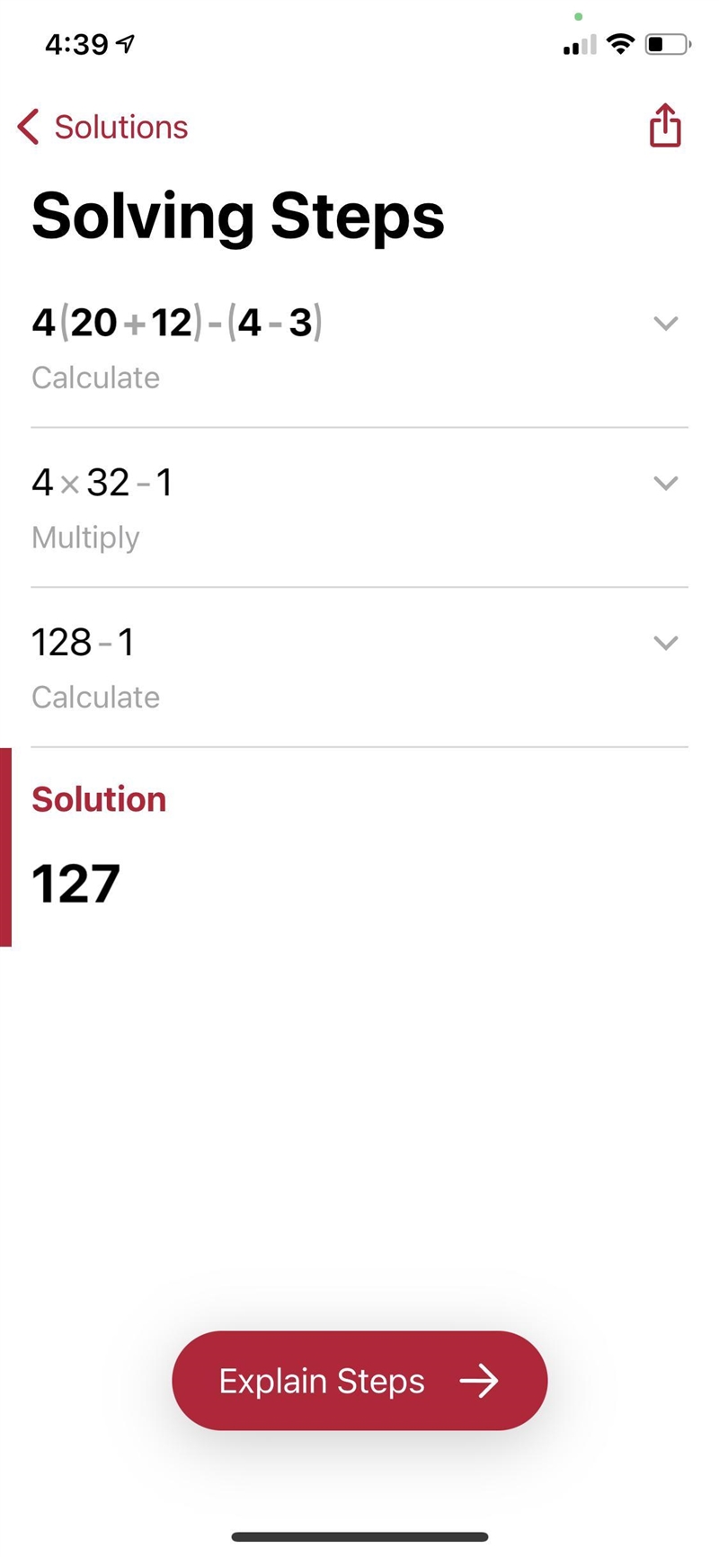 Simplify the expression. 4(20 + 12) – (4 - 3)-example-1