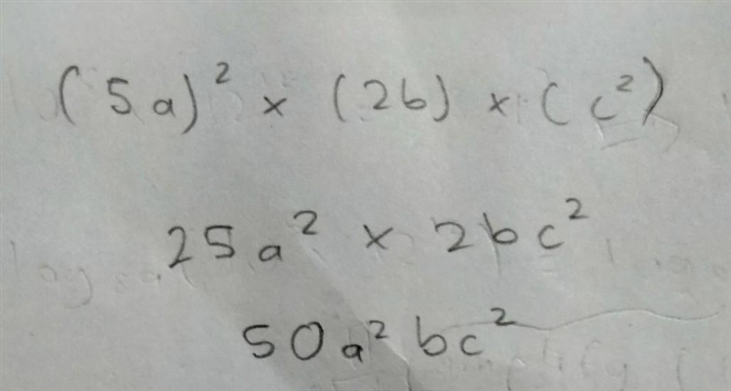 Express (5a to the power 2) x (2b to the power 2) x (c) as a power of a product.-example-1